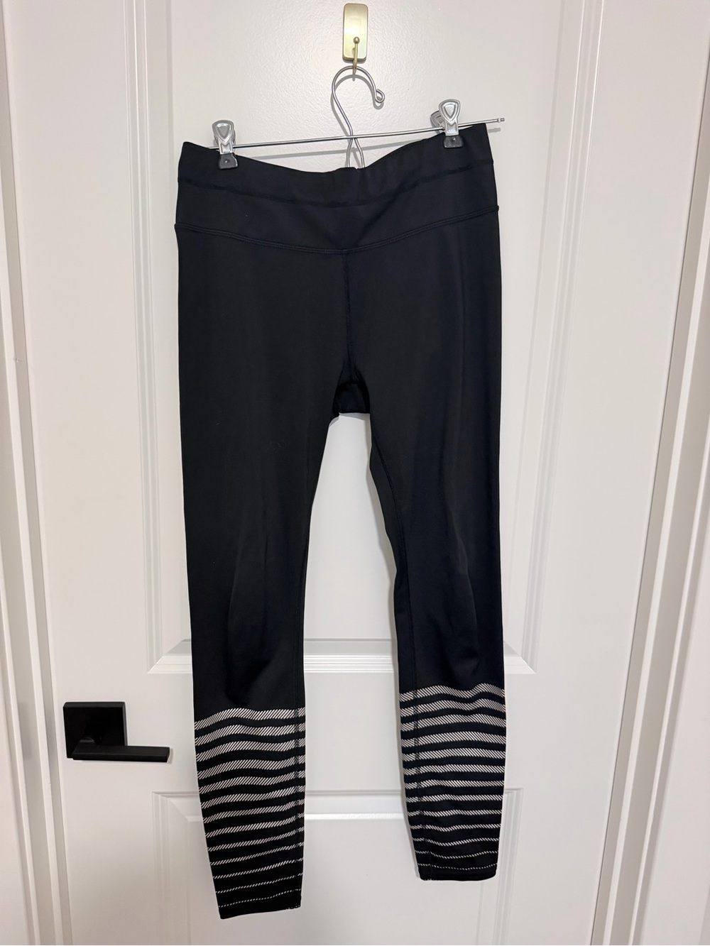 Athleta Black Leggings with Monochrome Striped Lower Leg
